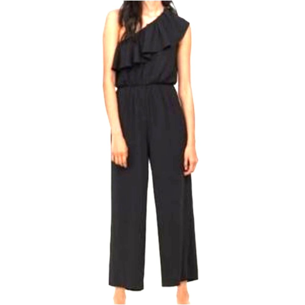 H&M Black Ruffled‎ One Shoulder Wide Leg Jumpsuit Size 4.